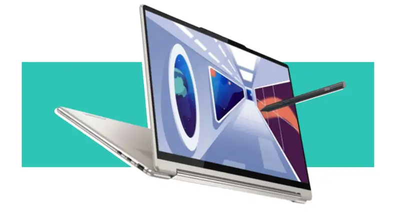 The Lenovo Yoga 9i Gen 8 in front of a background.