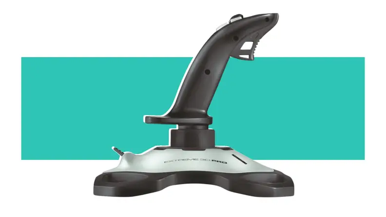 A Logitech joystick on a teal background.
