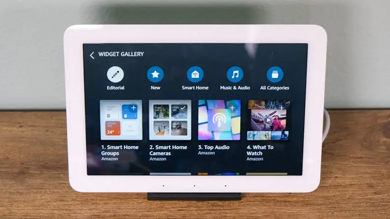 The Amazon Echo Hub with the screen on showing four different widgets.