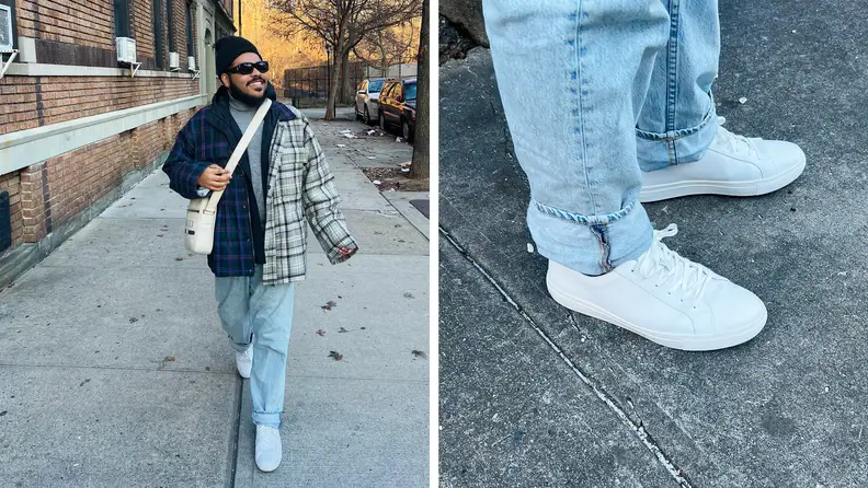 Collage image of someone wearing white sneakers with light jeans, and the author wearing the sneakers with a fall-weather ensemble.