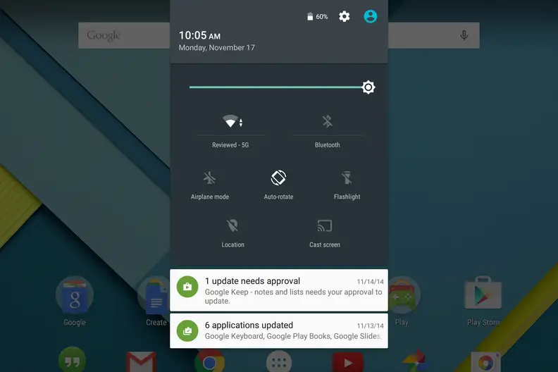 A screenshot of the Google Nexus 9's notification drawer.