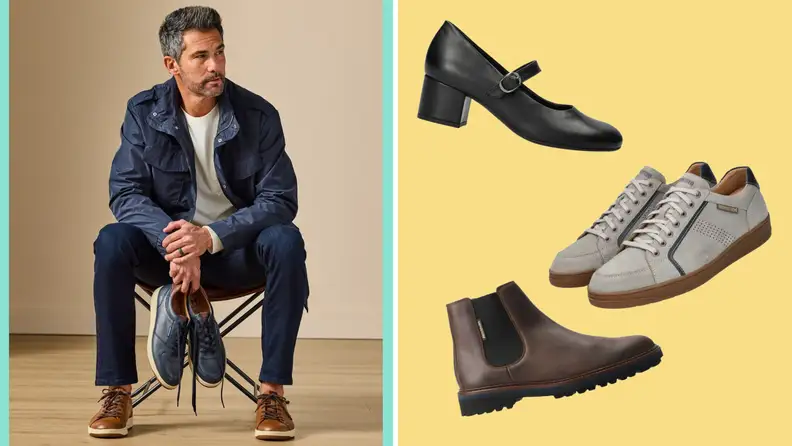 A model in a stylish outfit holding a pair of shoes, also product shots of three pairs of men’s and women’s shoes.