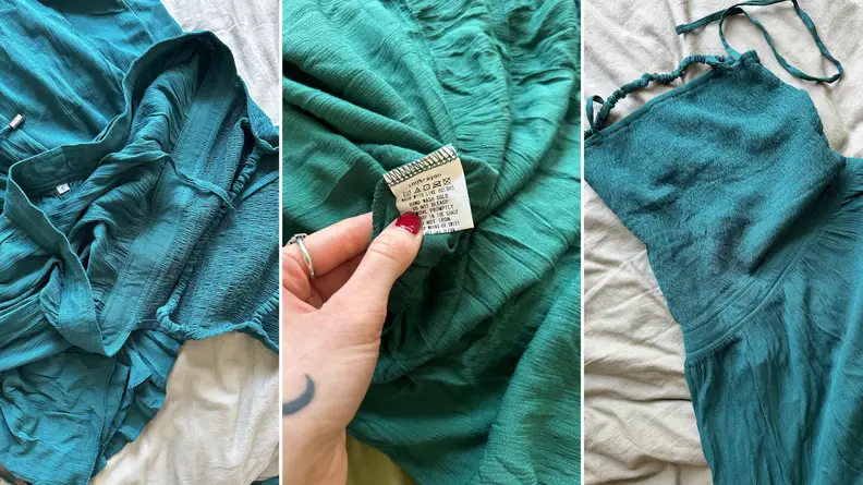 Three closeup images of a green dress showing material and fabric details on the tag.