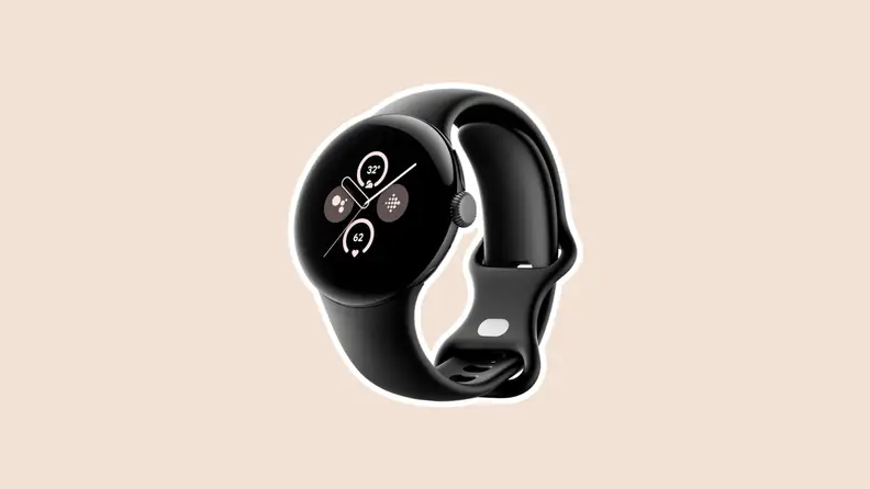 A black Google Pixel Watch 2 smartwatch with a watch displaying on its round screen.