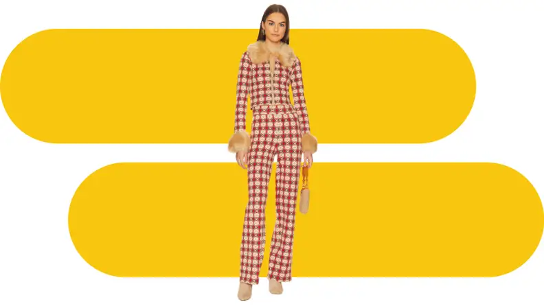 A model wearing printed knitwear separates.