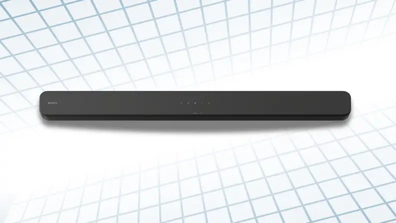 A soundbar sits on a graphic background