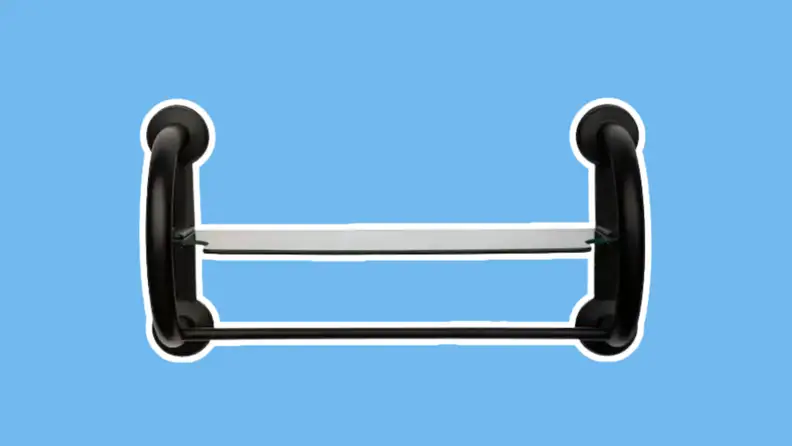 3-in-1 Grab Bars and Towel Shelf in Matte Black on a blue background.
