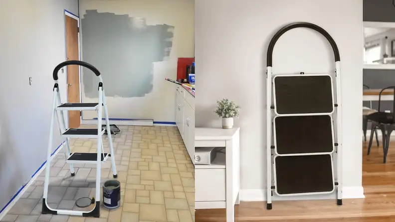 Left: A step stool in a room being painted. Right: Folded up step stool against a wall.