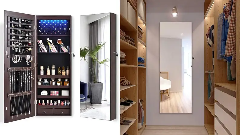 Two separate images show a full-length mirror that opens up for storing loads of jewelry and cosmetics.