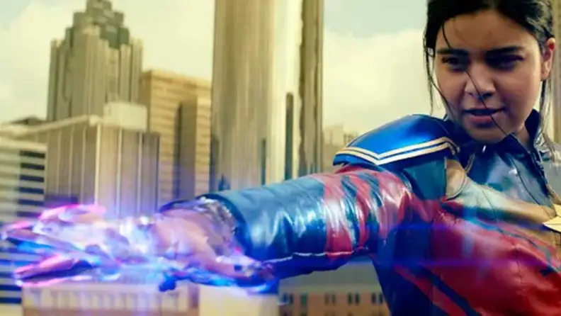 Iman Vellani in costume during a scene of the show "Ms. Marvel."