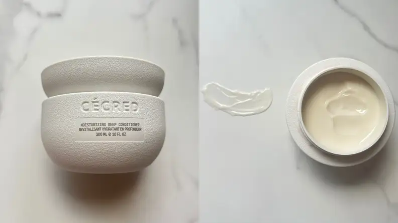 Cecred Moisturizing Deep Conditioner container and conditioner against a marbled background