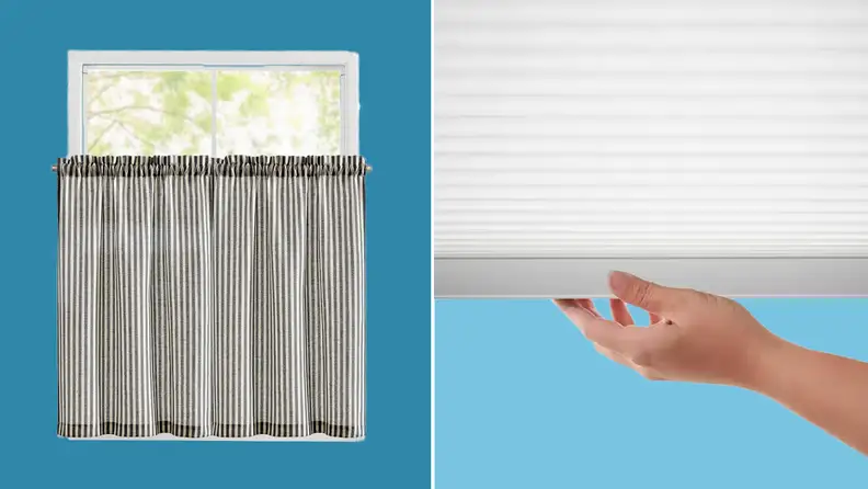 Photo collage of pinstriped gray and white linen kitchen curtains in front of window next to hand pulling down light filtering window shade.