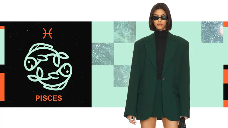 On the left is the symbol for Pisces, and on the right is a model wearing an oversized green blazer.