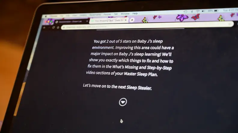 Computer screen showing sleep assessment results from Owlet Dream Lab