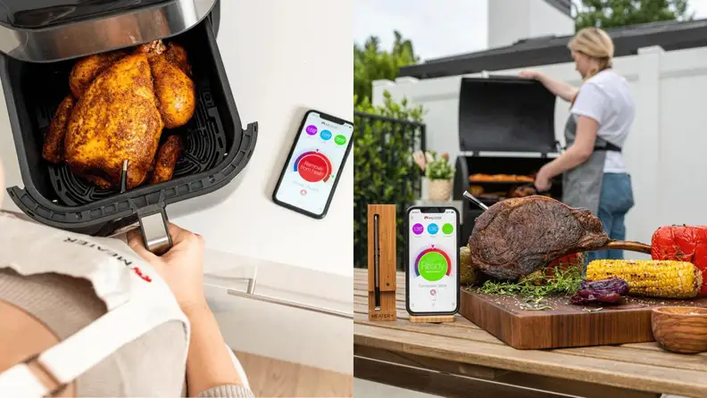 The Meater Plus being used with a smartphone displaying the Meater app.