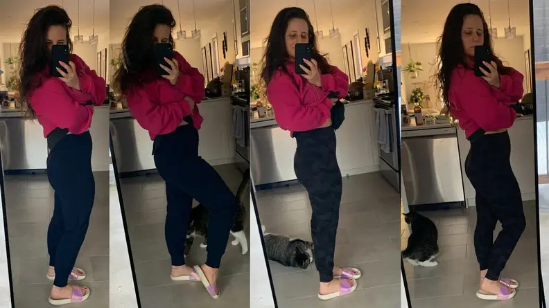 Four comparison photos of a woman wearing two pairs of joggers, one in size 8 and one in size 4