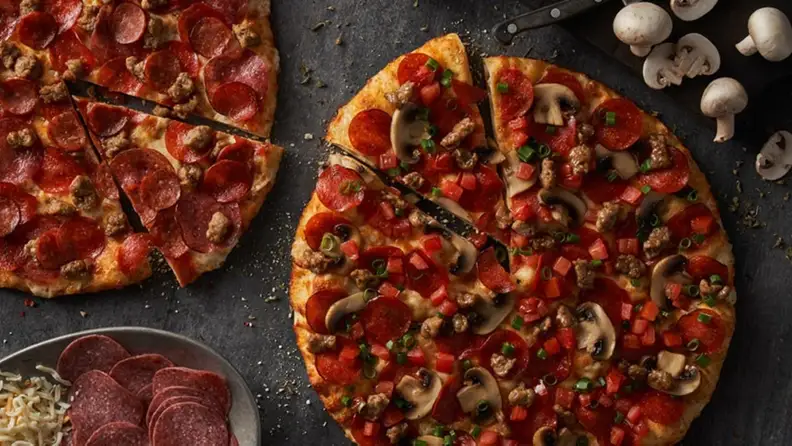 Two pepperoni and mushroom pizzas next to sliced salami and shredded cheese