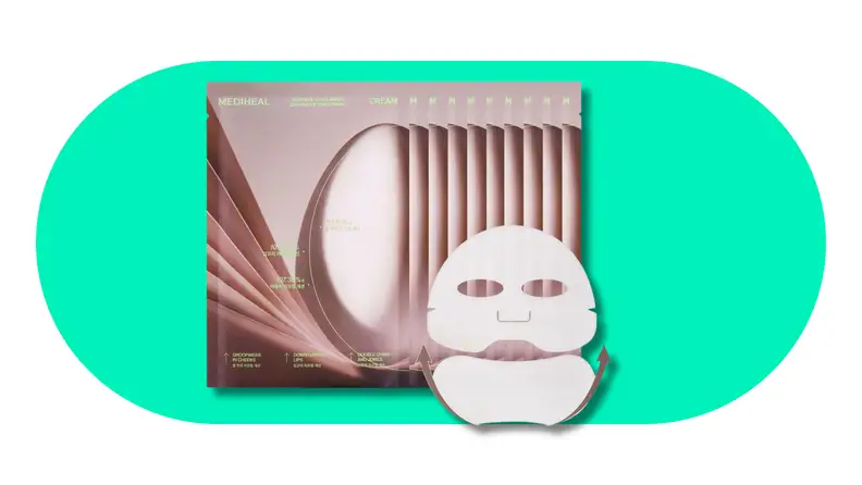 Mediheal Retinol Collagen Cream Lifting Mask sheet mask package and mask displayed on a green background.