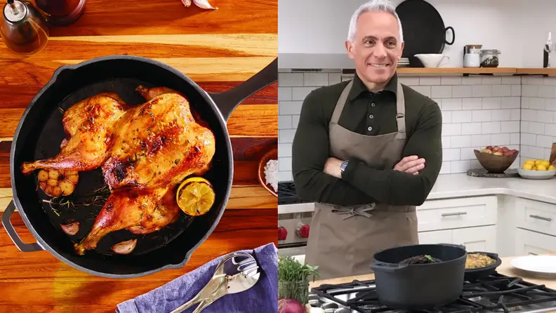 Left: chicken in cast iron, right: Geoffrey Zackarian in kitchen.