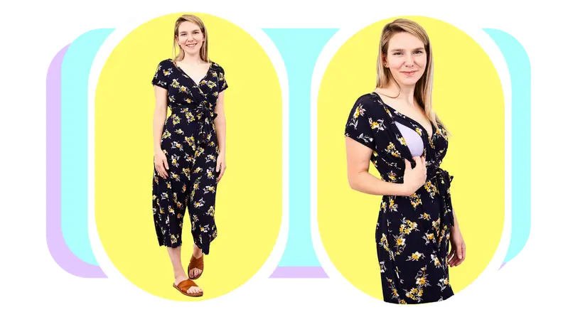 Model smiles while revealing hidden nursing access on v-neck, floral-printed, black jumpsuit.