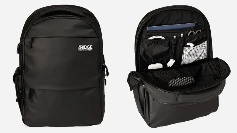 Black backpack from The Ridge, open black backpack from The Ridge.