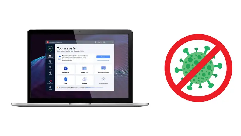 Laptop displaying antivirus software interface alongside a no-virus symbol indicating protection from malware.