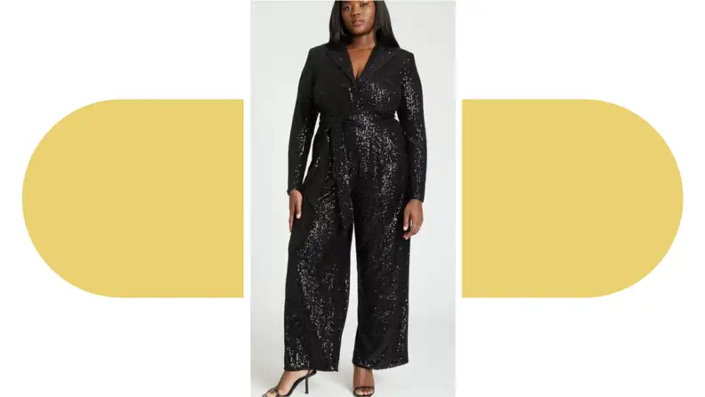 A model wearing a sequined black jumpsuit.