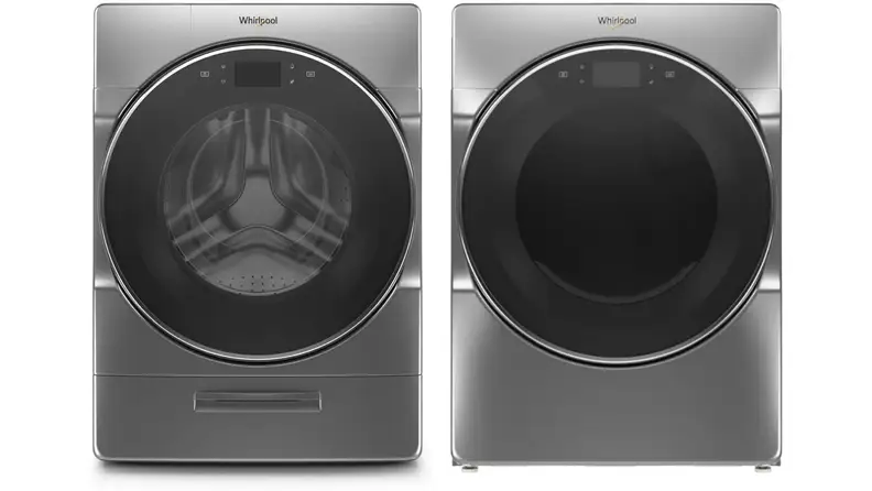 The Whirlpool WFW9620HC washer and Whirlpool WED9620HC dryer, side by side in a white void.