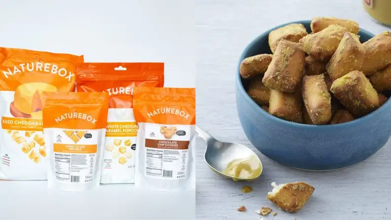 Left: A grouping of white and orange snack packages against a neutral off-white background. Right: A blue bowl holds honey dijon mustard pretzel bites with a few bites spilling onto a grey countertop, accompanied by a mustard-covered silver spoon.