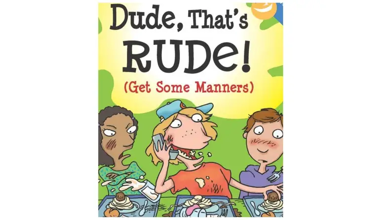 Dude That's Rude book cover with illustration of three teenagers eating, and the one in the middle chewing with his mouth open