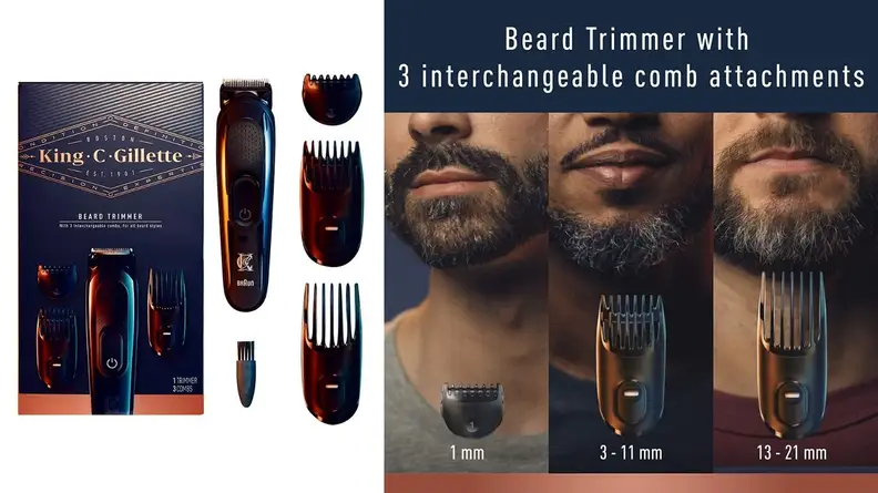 multiple shaving tools next to man with beard