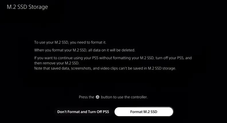 A PS5 start up notice informing the player to format the newly inserted M.2 SSD card.