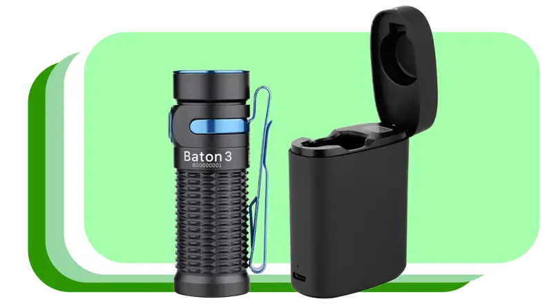 Black and blue baton flashlight next to flashlight.