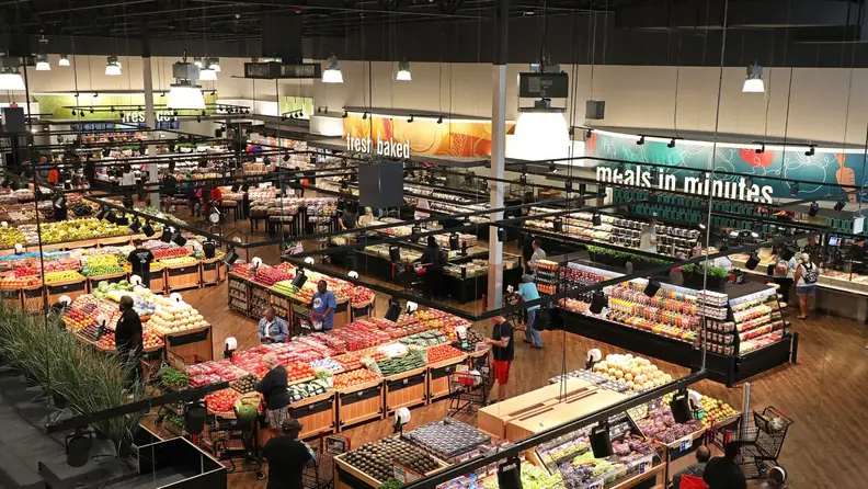 Aerial view of a bustling ShopRite produce and grocery floor