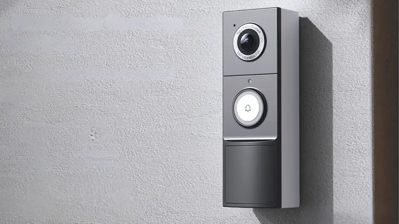 A video doorbell mounted to a wall next to a front door