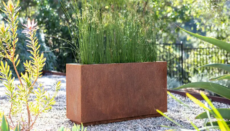 Brown garden planter with green tall grass