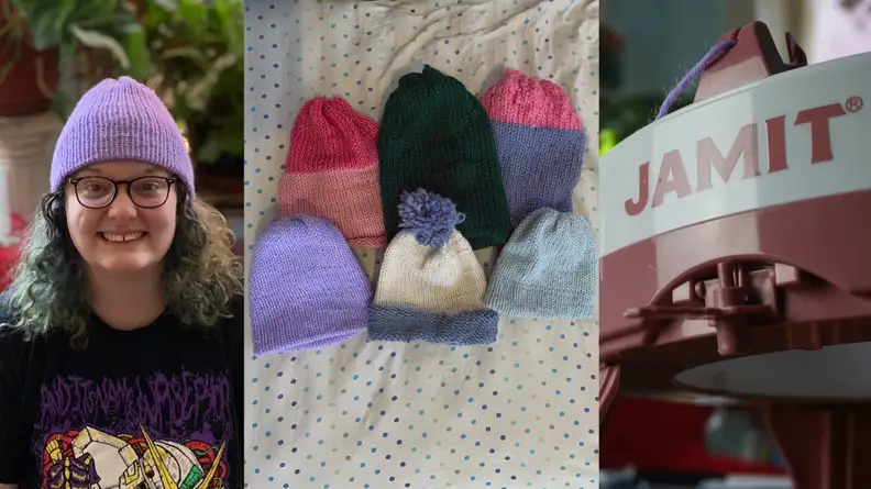 I'm wearing the lavender hat I was making / several hats I made on the knitting machine / a closeup of the knitting machine