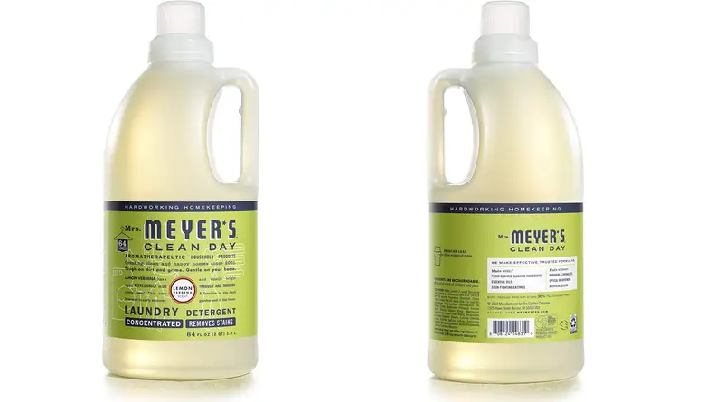A bottle of Mrs. Meyer's laundry detergent shown from the front and the back on a white background.