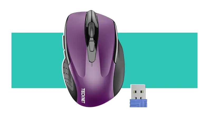 A purple Tecknet mouse on a teal background.