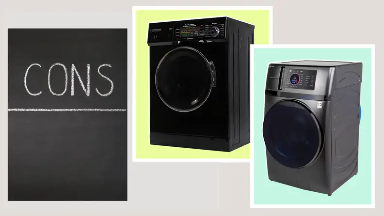 Two washer-dryer combos on pastel background next to a chalkboard that says Cons