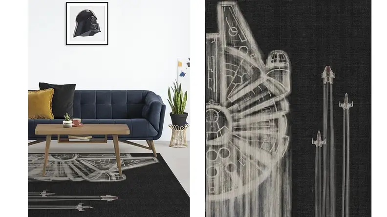 Two images of a black rug with a Millennium Falcon design