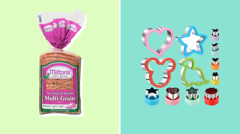 Loaf of Milton's multi-grain bread next to multi-colored cookie cutters.