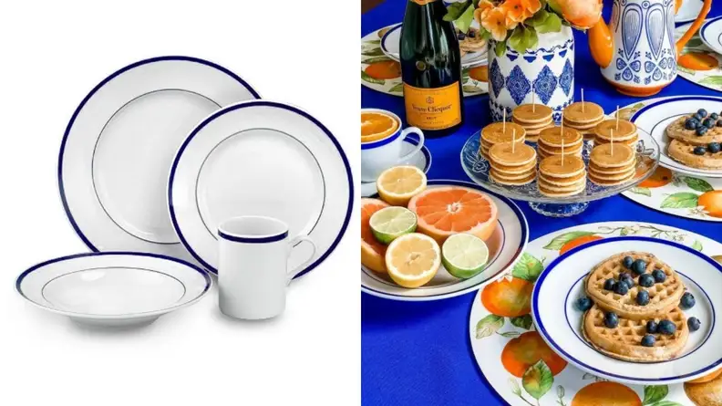 A brunch featuring the Brasserie Porcelain 16-Piece Dinnerware Set