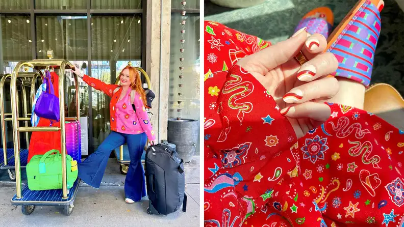 A photograph of the author wearing a bright pink and red printed top with colorful luggage, and also a close-up photograph of the red printed fabric of a Never Fully Dressed dress.