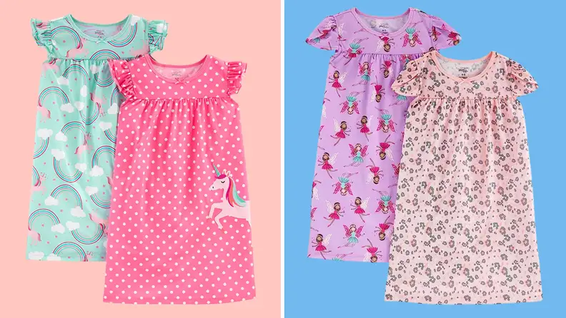 Four nightgowns from Carter's on a pink and blue background