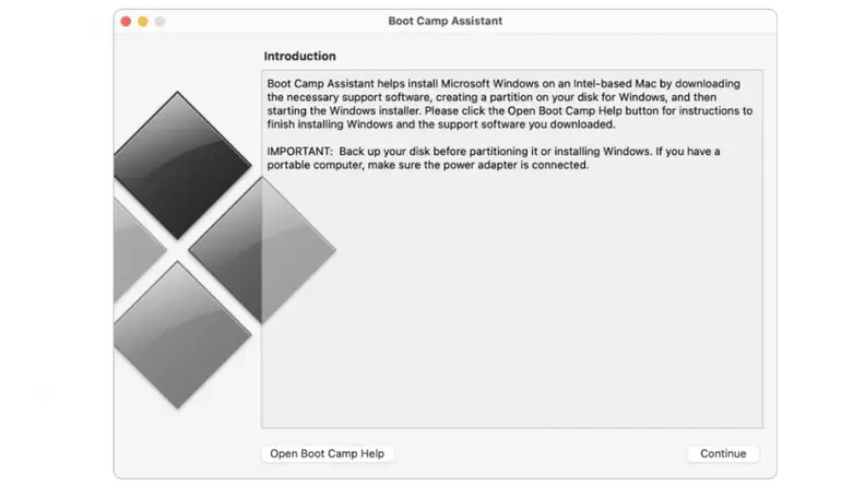The BootCamp Assistant software introduction screen.