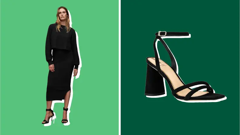 Collage of an AllSaints dress and a Sam Edelman high heel shoe.