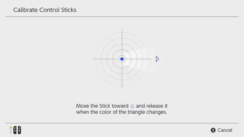 The controller calibration screen for Nintendo Switch joy-cons.