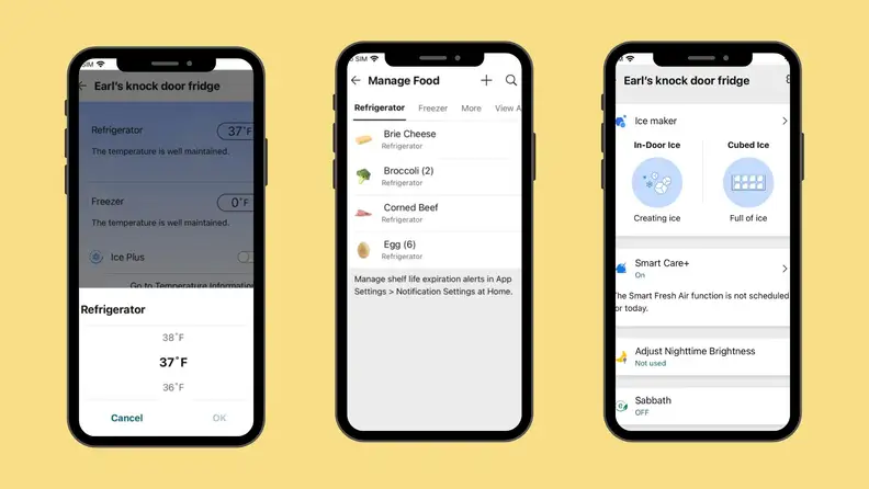 Screenshots of three smartphones displaying the ThinQ app.