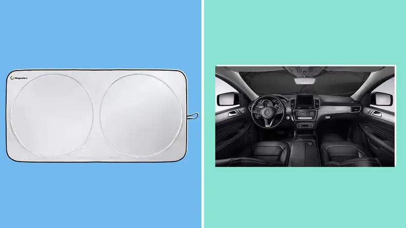 Image of a Magnalex sunshade in isolation next to an image of it being used in the front windshield of a car, as seen from inside the vehicle